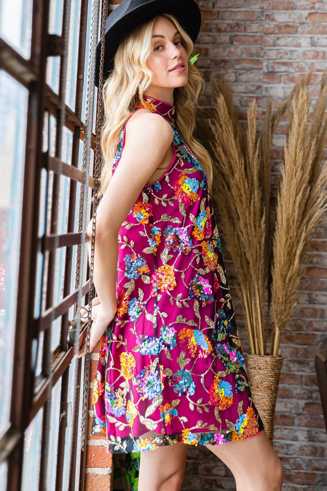 Sequin Floral Halter Mini Dress
