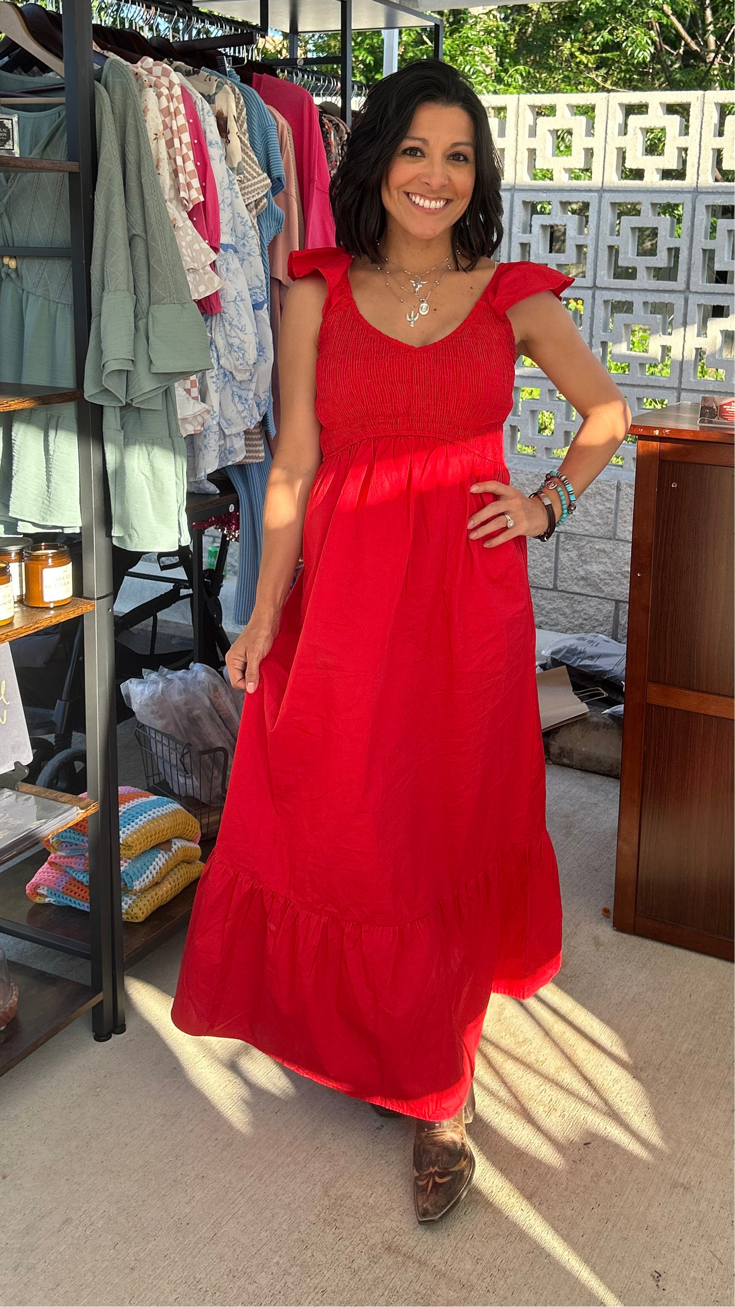 Fiery Red V Neck Flutter Sleeve Smocked Bodice High Waist Ruffle Maxi Dress