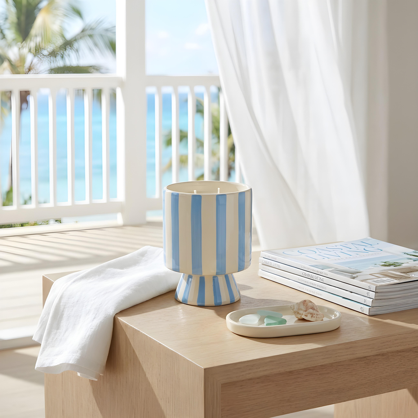 13 oz Blue Stripe Pedestal Ceramic Candle – Resort
