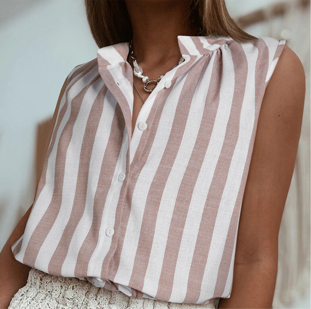 Khaki Stripe Casual Button Down Sleeveless Shirt