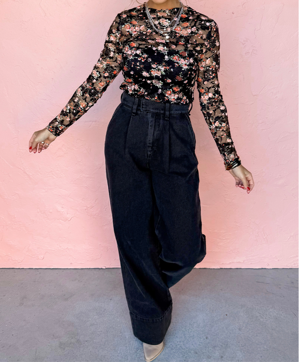 Black Floral Mesh Sheer Long Sleeve Top