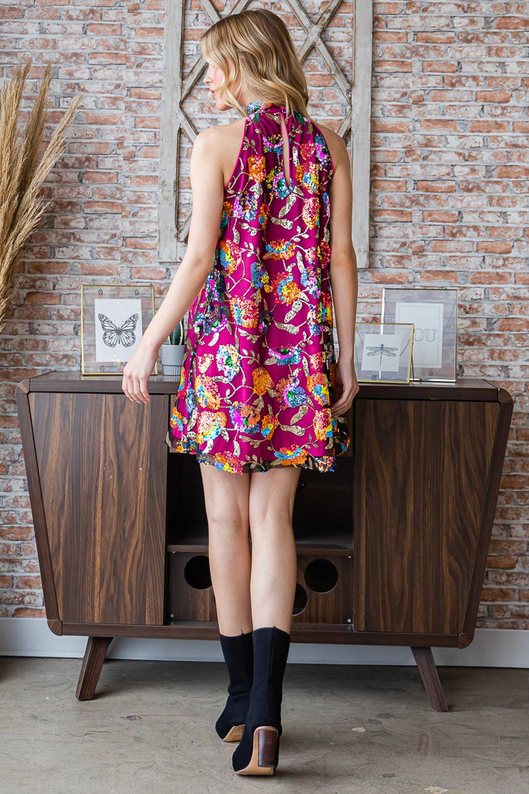 Sequin Floral Halter Mini Dress