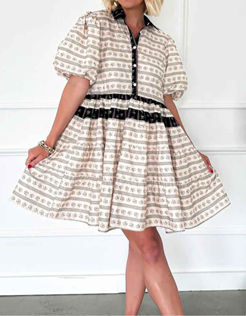 Black Boho Floral Striped Contrast Trim Bubble Sleeve Flared Dress