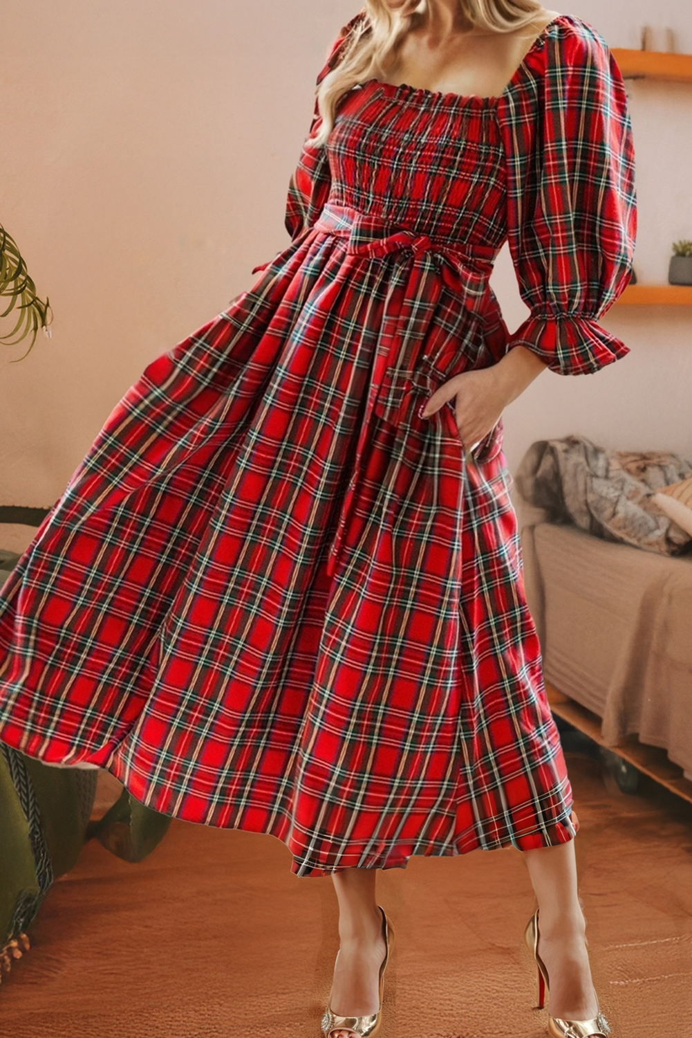 Plaid Square Neck Christmas Knot Waist Flared Dress
