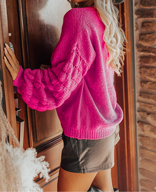 Rose Hollowed Bubble Sleeve Knit Sweater