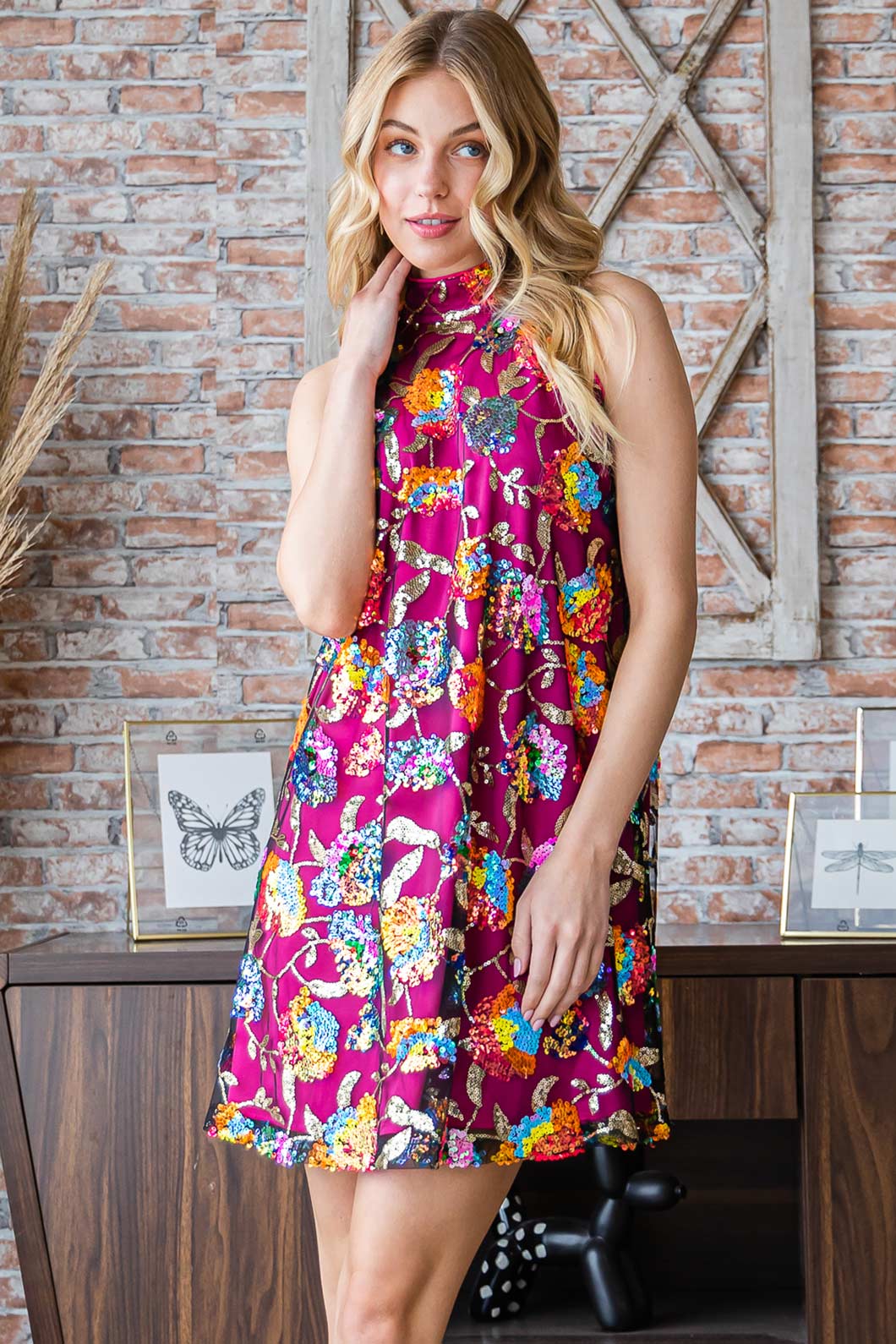 Sequin Floral Halter Mini Dress