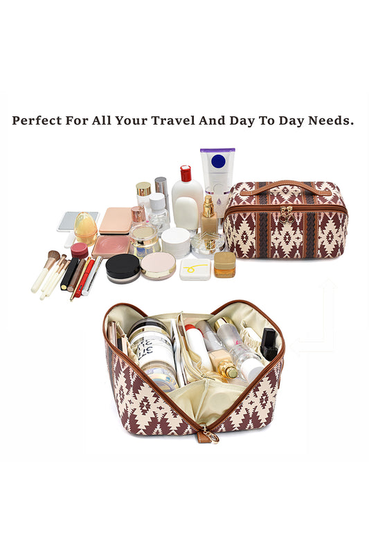 Light French Beige Geometric Braided Print Makeup Bag with Handle