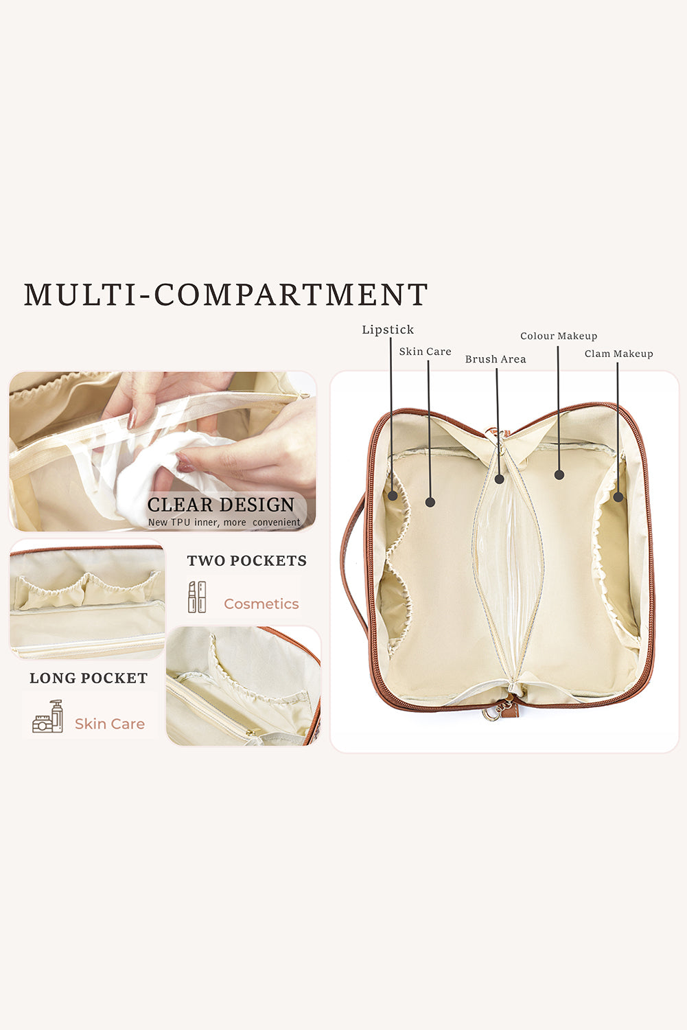 Light French Beige Geometric Braided Print Makeup Bag with Handle