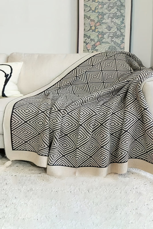 Black Geometric Knitted Tassel Throw Blanket