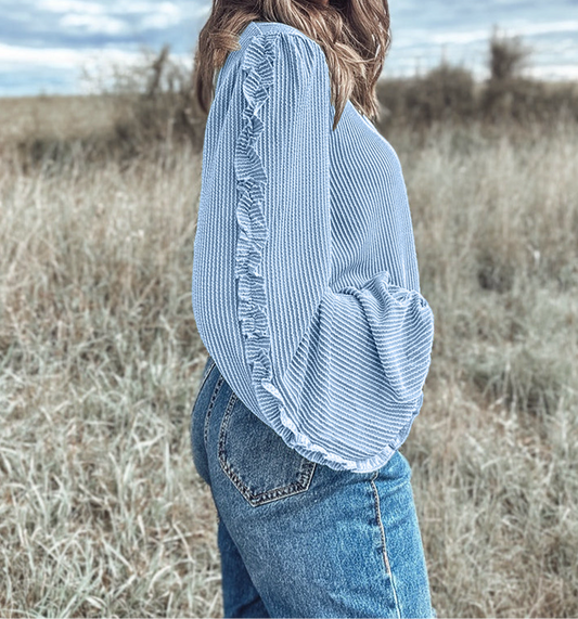 Mist Blue Corded Frilly Puff Sleeve Round Neck Blouse