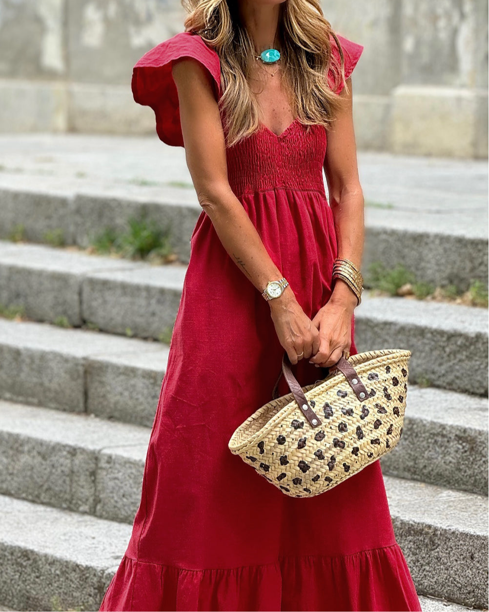 Fiery Red V Neck Flutter Sleeve Smocked Bodice High Waist Ruffle Maxi Dress