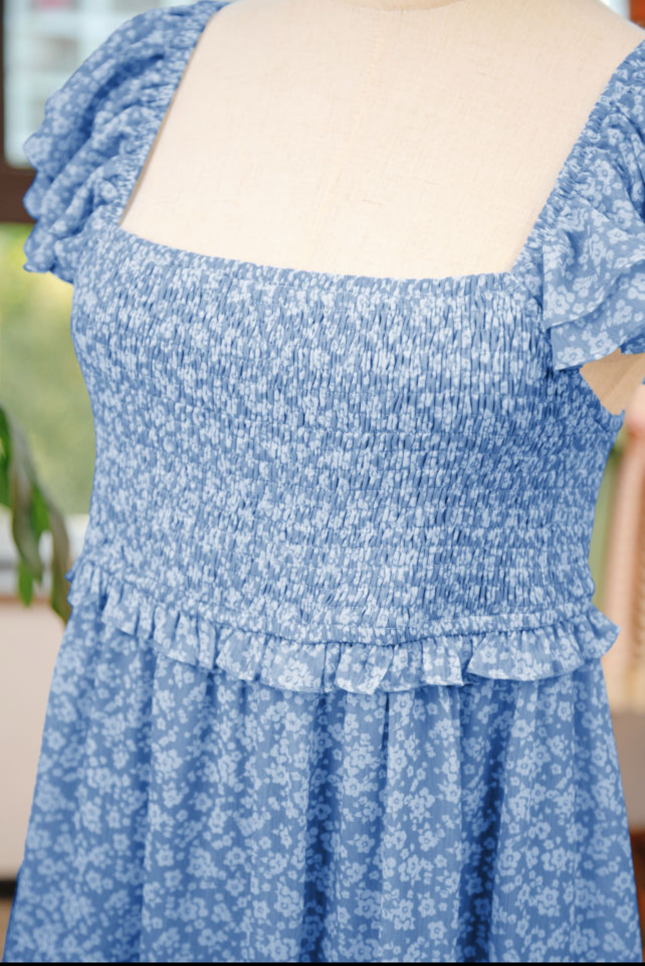Sky Blue Floral Print Square Neck Flutter Sleeve Smocked Tiered Mini Dress