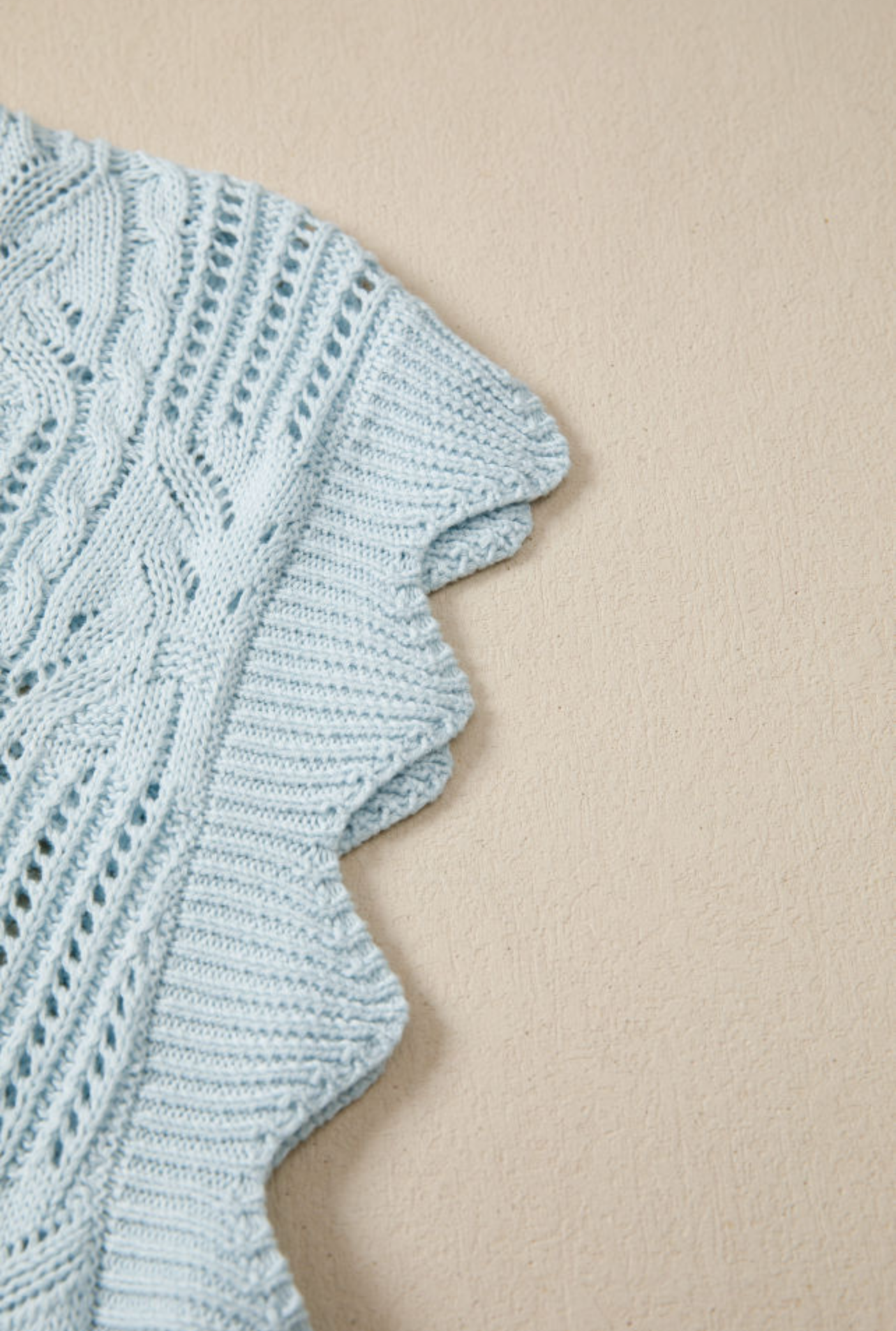 Beau Blue Pointelle Knit Patterned Scalloped Trim Short Sleeve Sweater