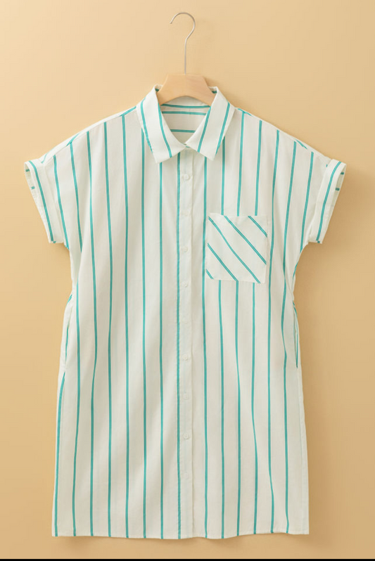 Mint Green striped short sleeve mini shirt dress