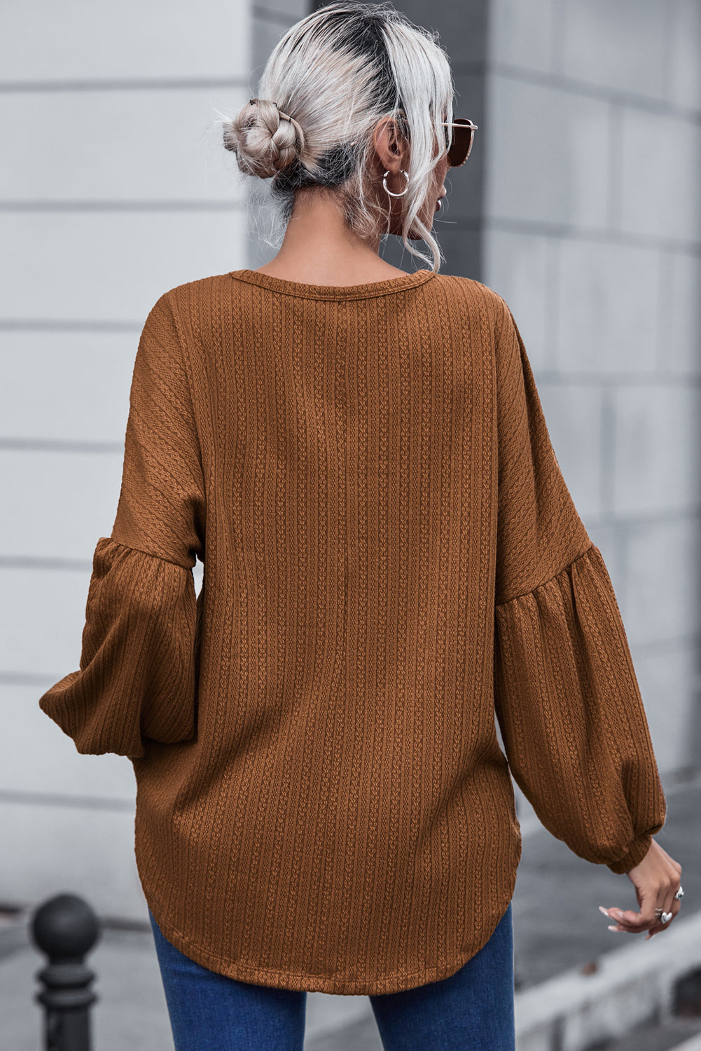 Brown Faux Knit Jacquard Puffy Long Sleeve Top
