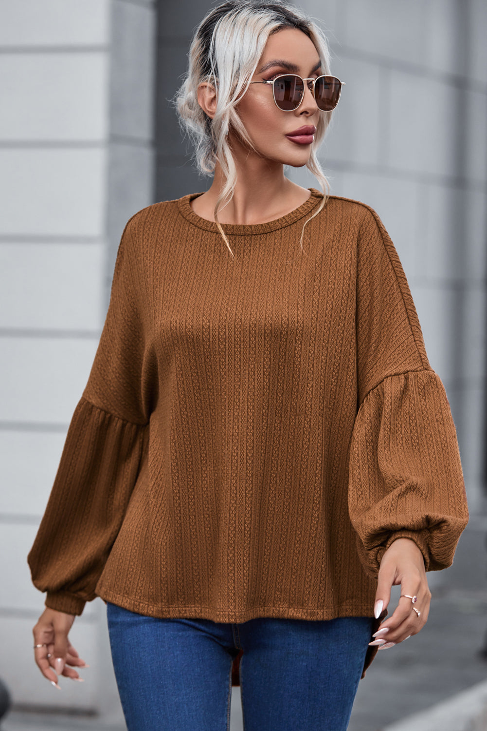 Brown Faux Knit Jacquard Puffy Long Sleeve Top