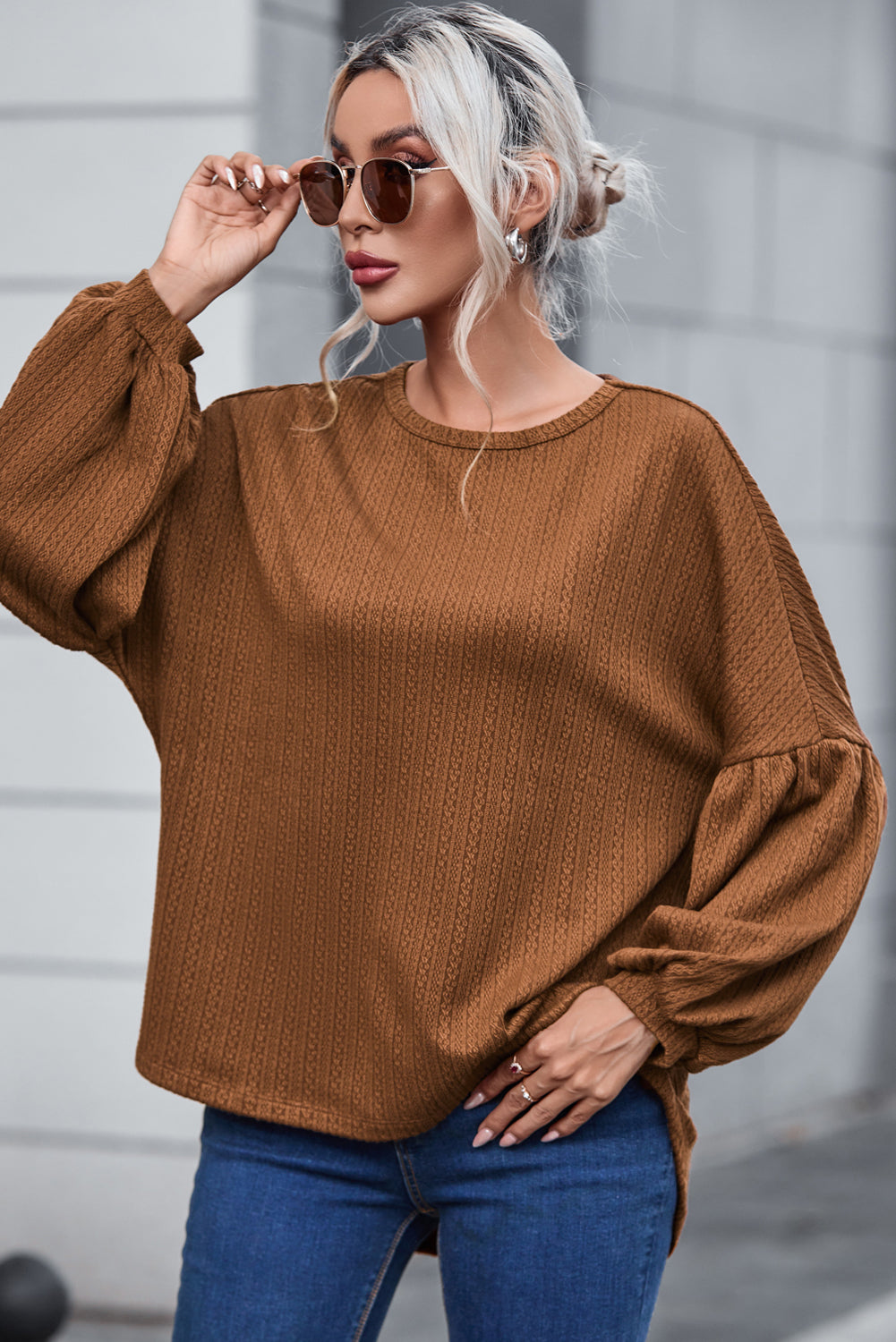 Brown Faux Knit Jacquard Puffy Long Sleeve Top