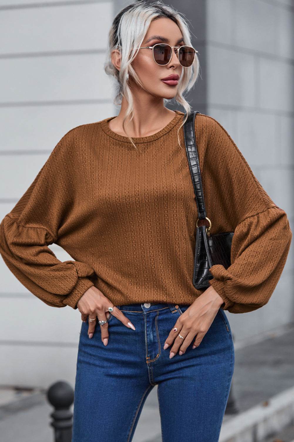 Brown Faux Knit Jacquard Puffy Long Sleeve Top