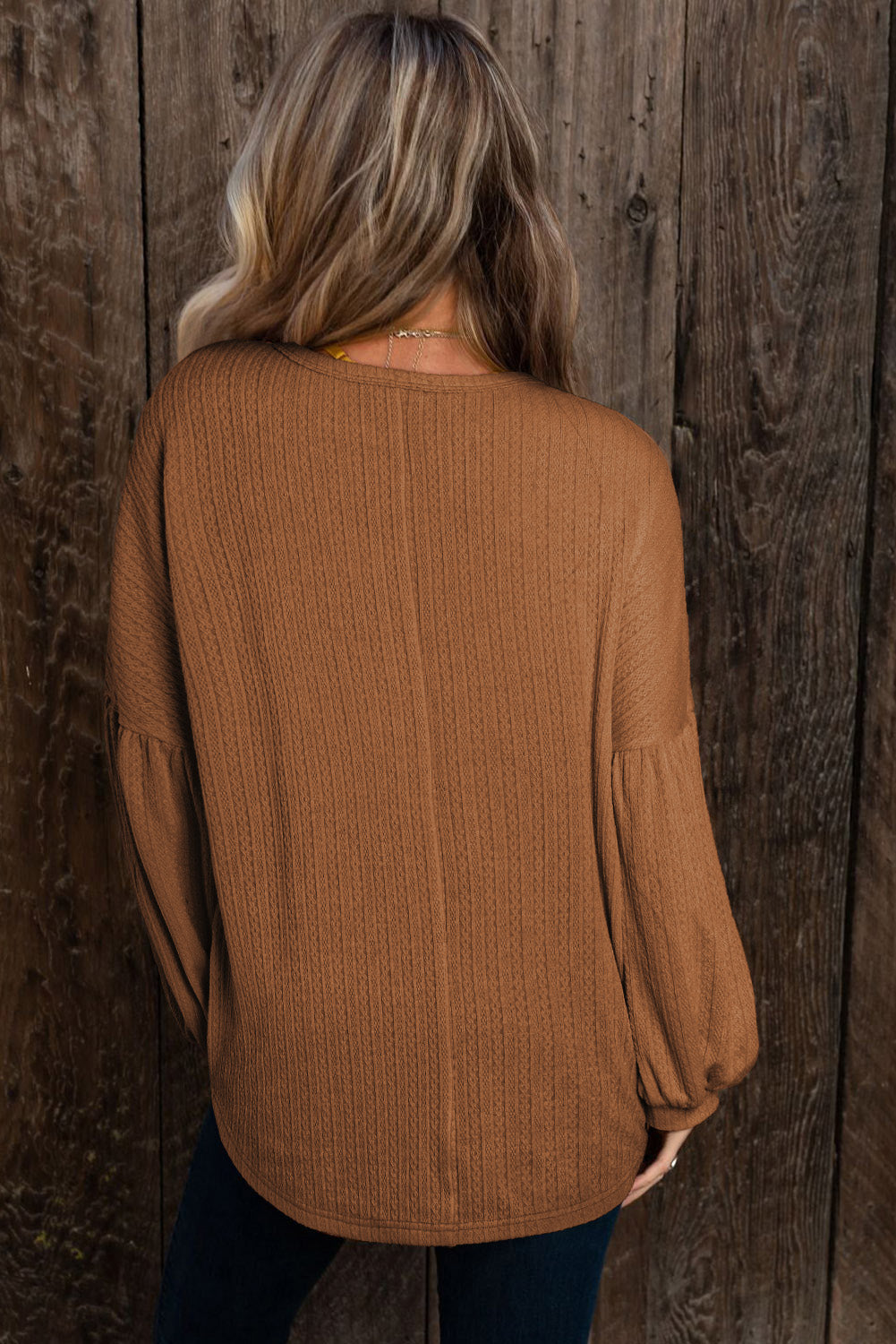 Brown Faux Knit Jacquard Puffy Long Sleeve Top