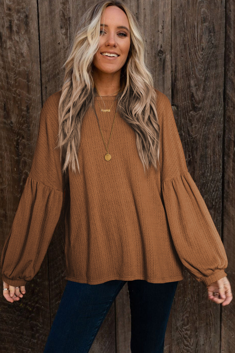 Brown Faux Knit Jacquard Puffy Long Sleeve Top