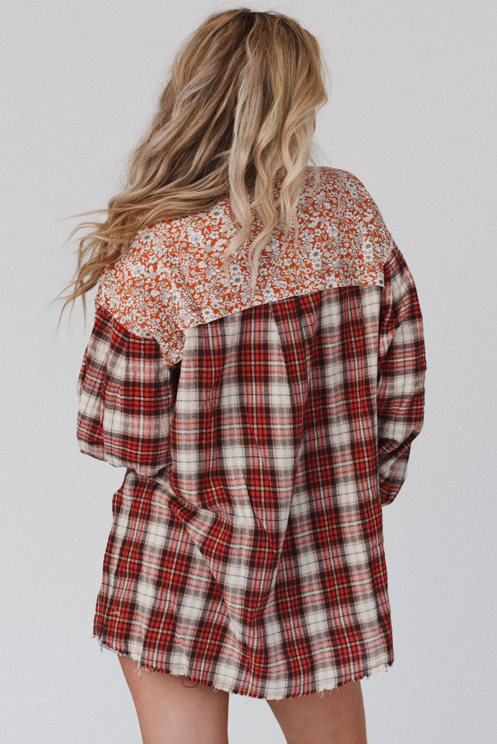 Fiery Red Floral Plaid Mixed Print Bishop Sleeve Patchwork Top