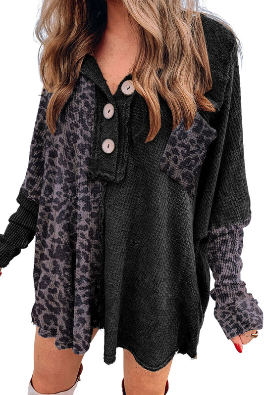 Black Leopard Patchwork Waffle Knit Buttoned Blouse