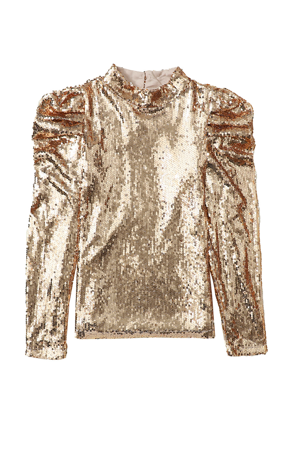 Apricot Sequin Mock Neck Bubble Sleeve Top