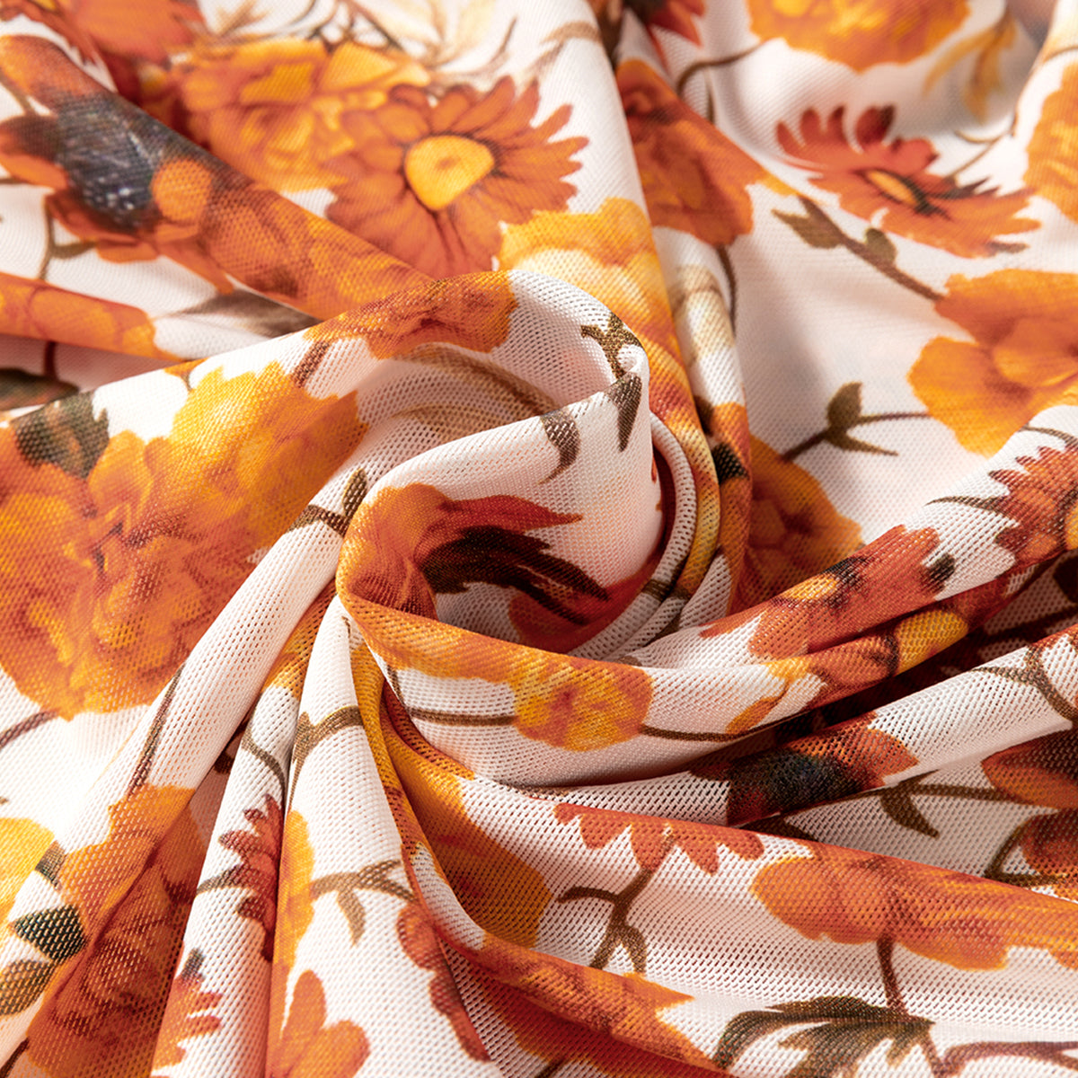 Orange Floral Printed Bell Sleeve Mock Neck Scallop Trim Blouse