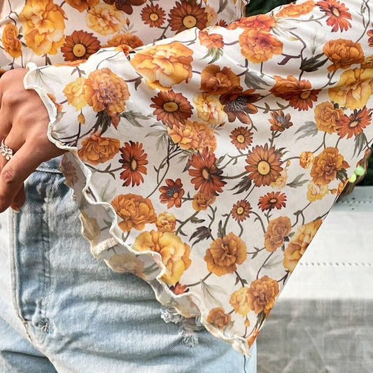 Orange Floral Printed Bell Sleeve Mock Neck Scallop Trim Blouse