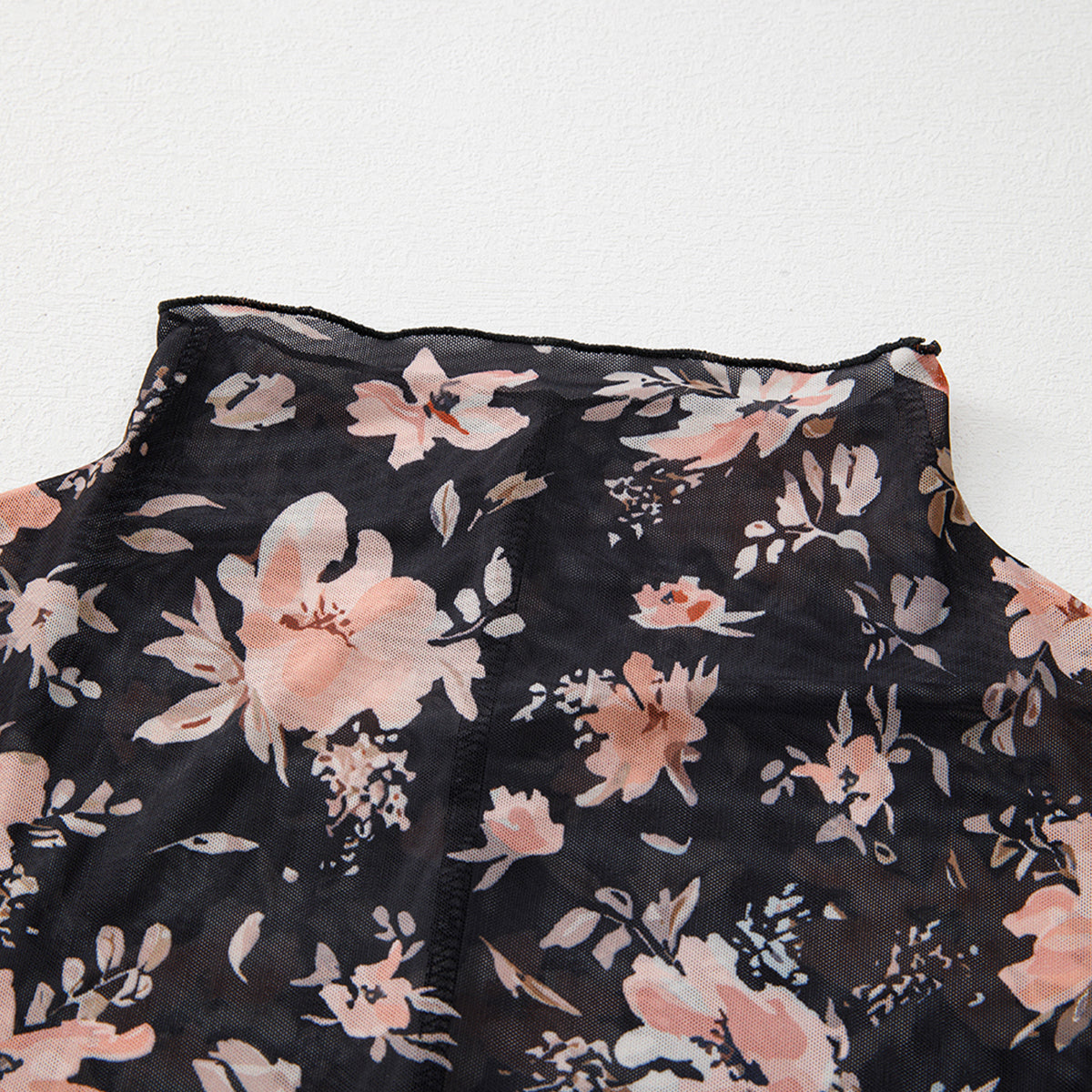 Black Floral Mesh Mock Neck Long Sleeve Slim Fit Top