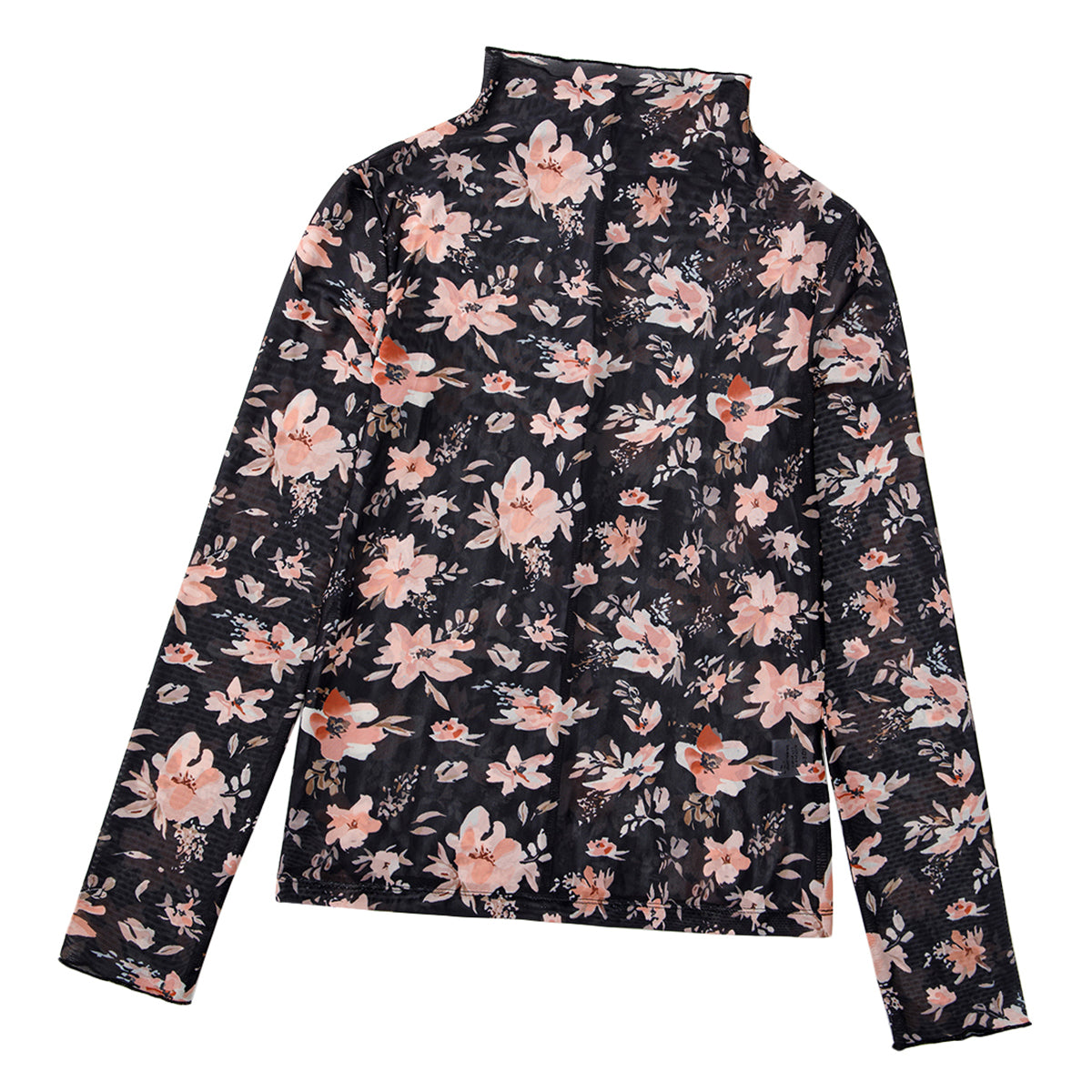 Black Floral Mesh Mock Neck Long Sleeve Slim Fit Top