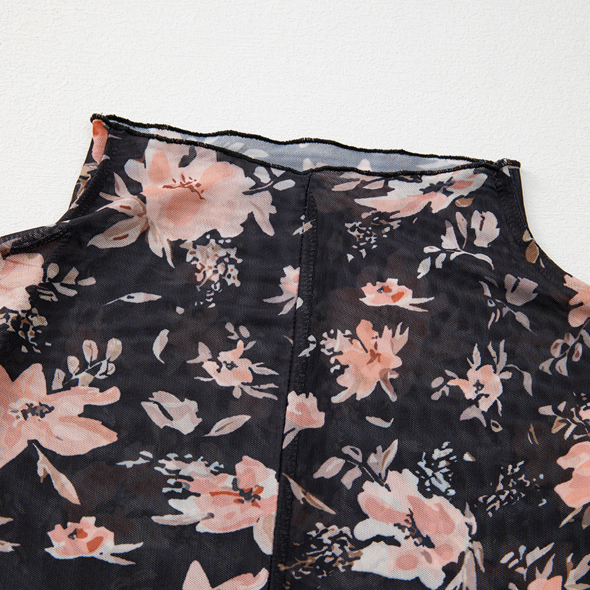 Black Floral Mesh Mock Neck Long Sleeve Slim Fit Top