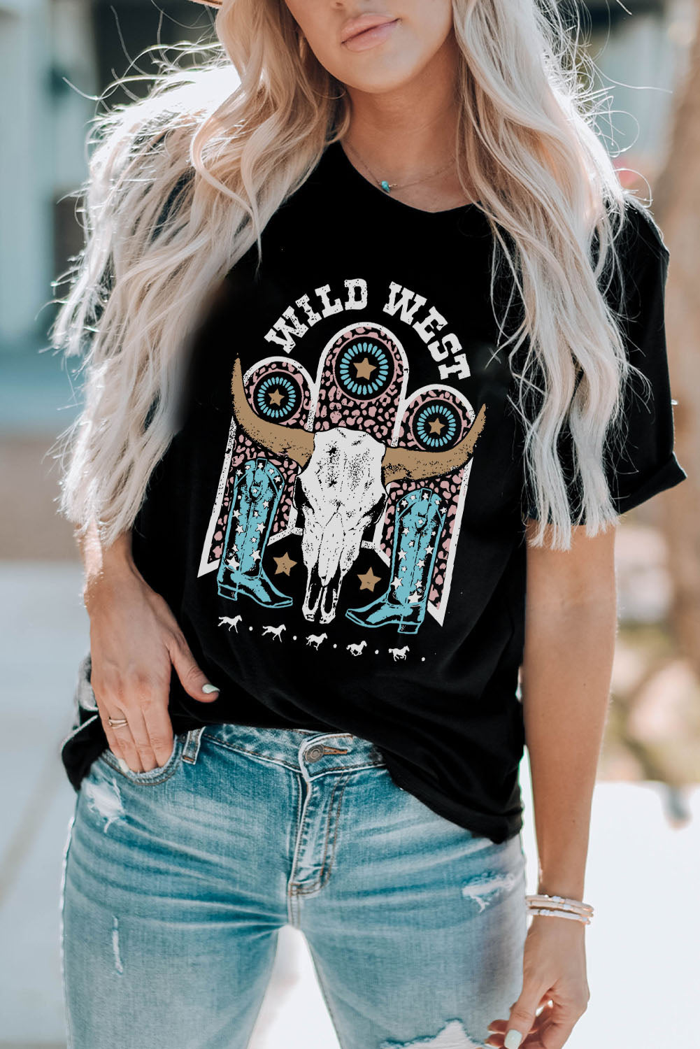 Black WILD WEST Steer Skull Graphic T Shirt