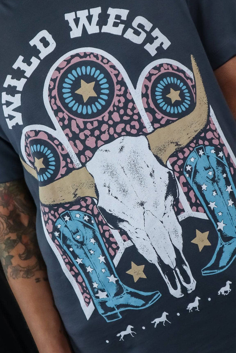Black WILD WEST Steer Skull Graphic T Shirt