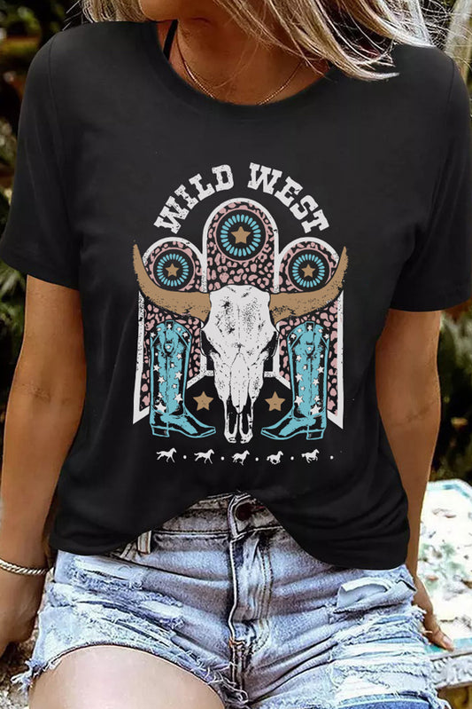 Black WILD WEST Steer Skull Graphic T Shirt