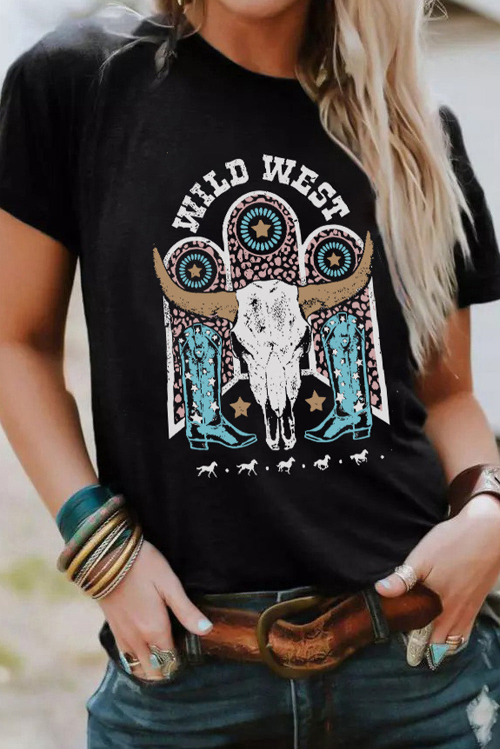 Black WILD WEST Steer Skull Graphic T Shirt