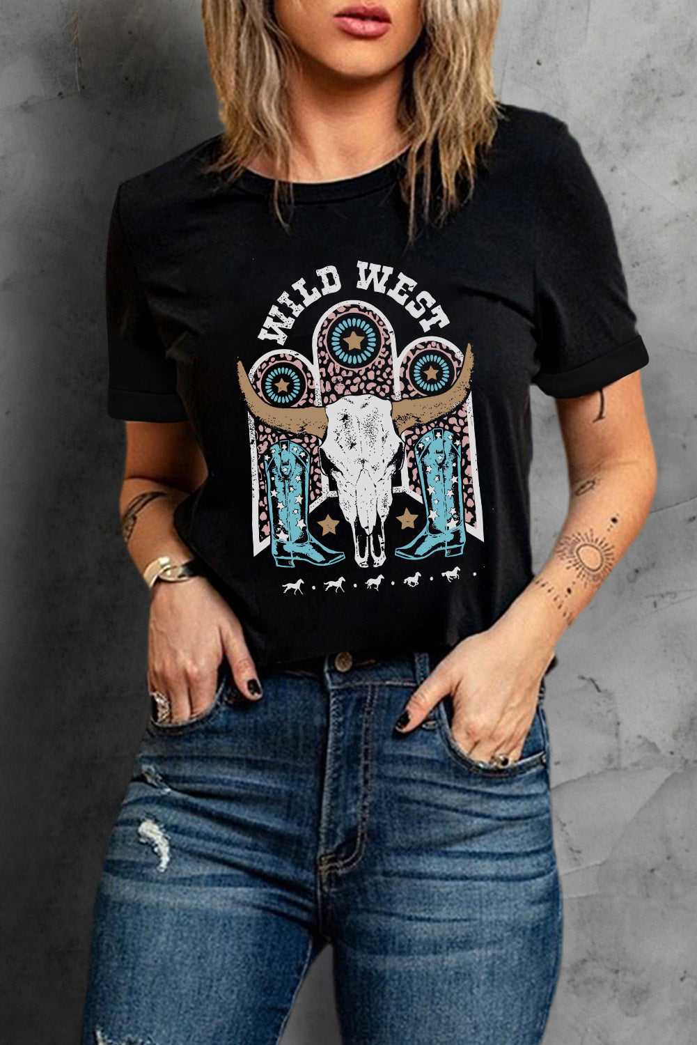 Black WILD WEST Steer Skull Graphic T Shirt