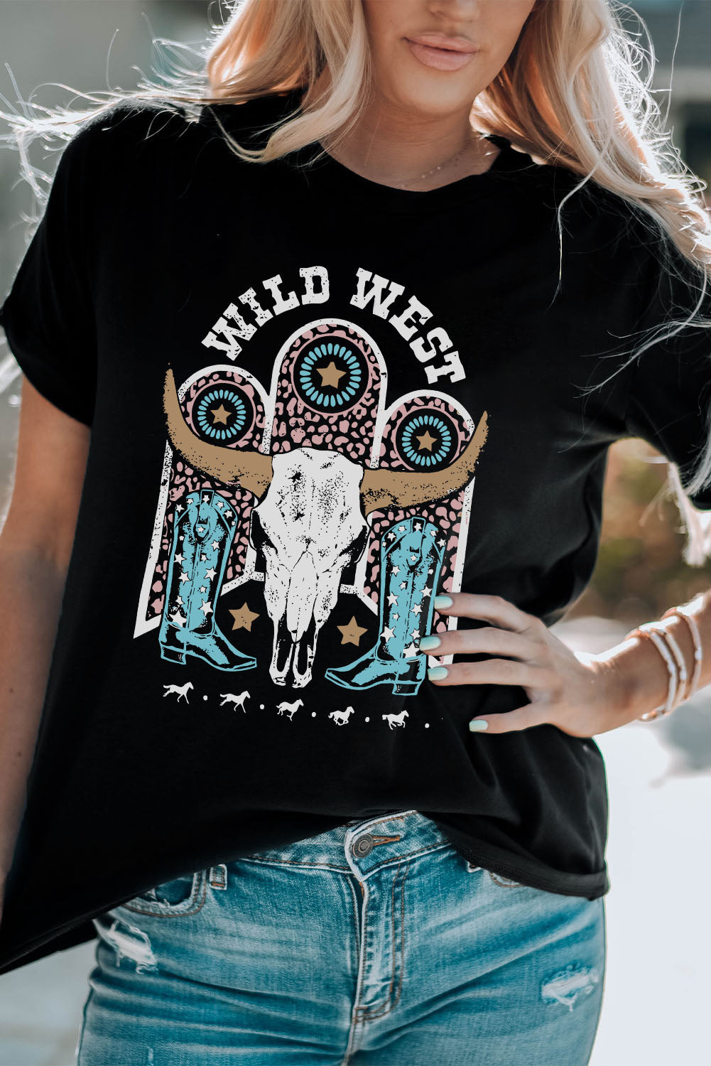 Black WILD WEST Steer Skull Graphic T Shirt