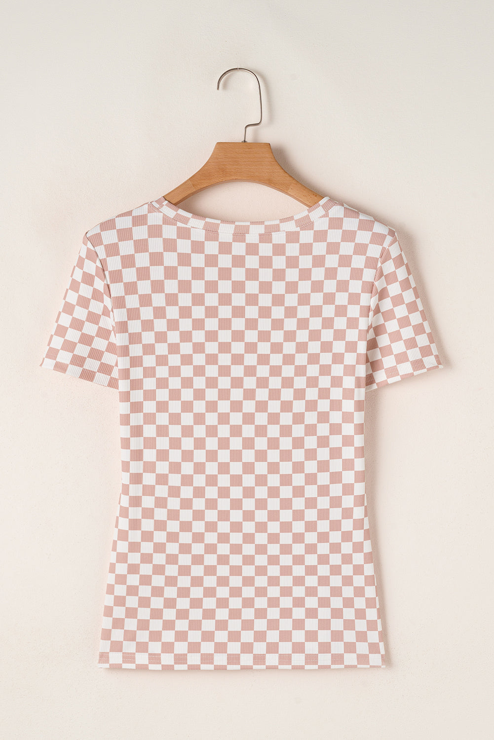 Pink Checkered Ribbed Slim Fit Crew Neck T Shirt