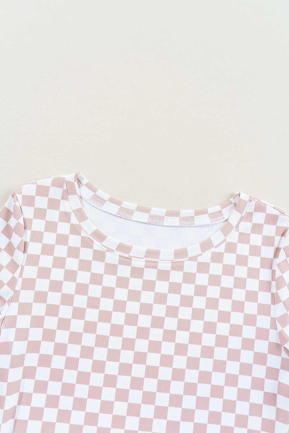 Pink Checkered Ribbed Slim Fit Crew Neck T Shirt