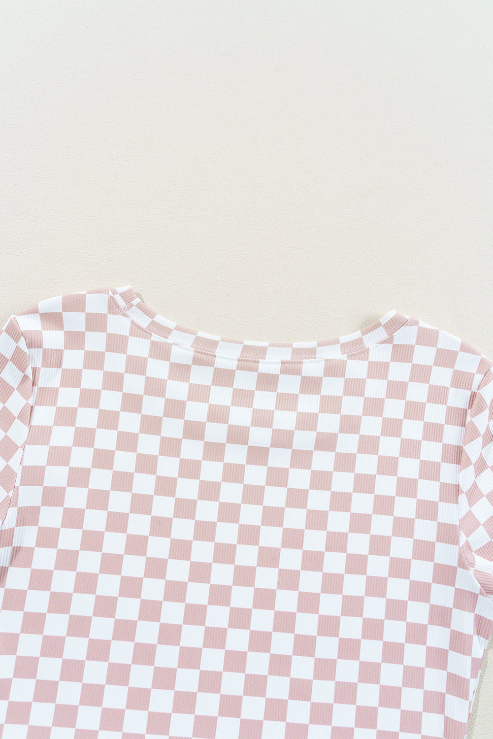 Pink Checkered Ribbed Slim Fit Crew Neck T Shirt