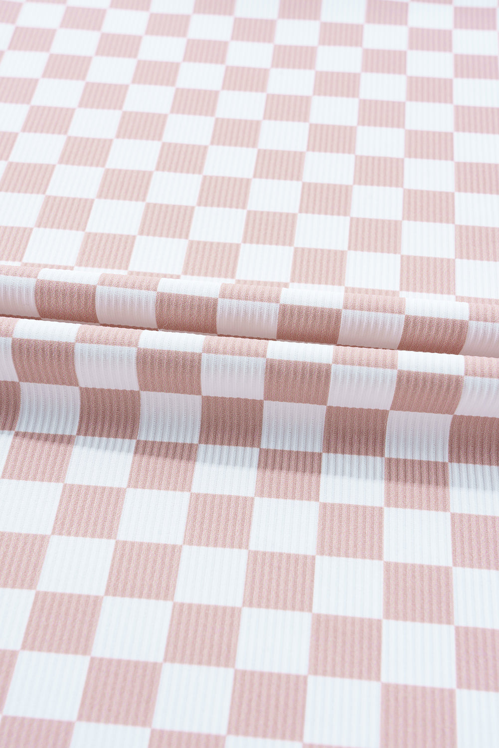 Pink Checkered Ribbed Slim Fit Crew Neck T Shirt