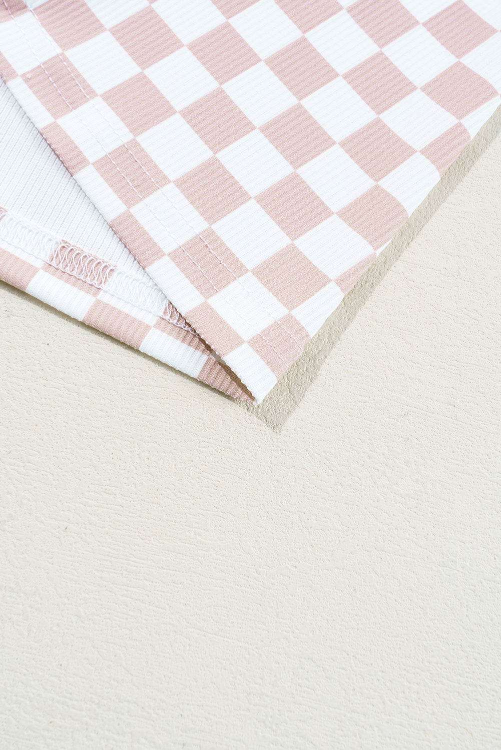 Pink Checkered Ribbed Slim Fit Crew Neck T Shirt