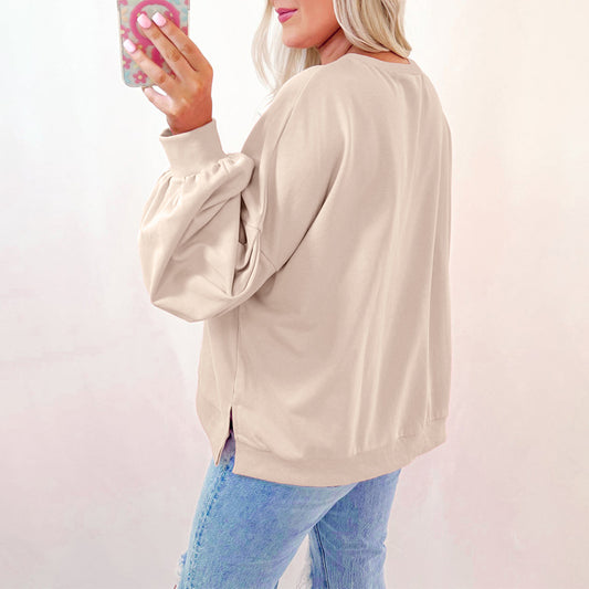 Parchment Embroidered Bow Lantern Sleeve Oversized Pullover Sweatshirt