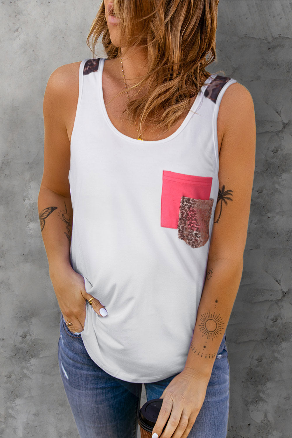 White Sequin Chest Pocket Leopard Back Tank Top