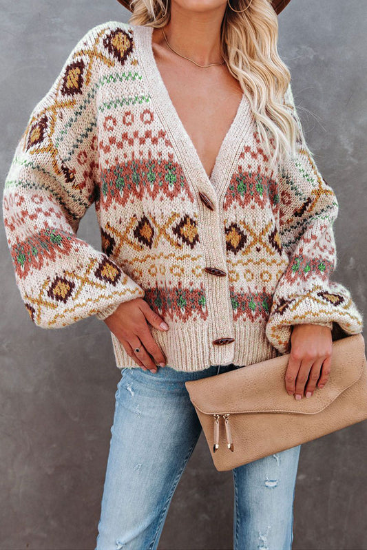 Multicolor Tribal Pattern V Neck Button Front Cardigan