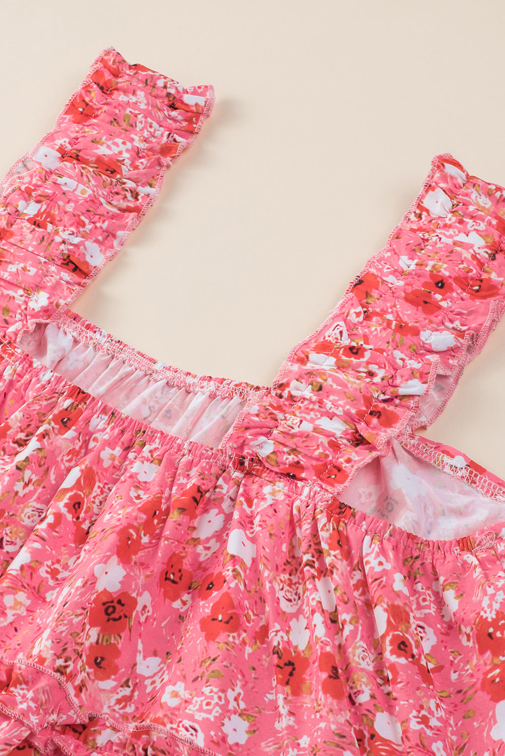 Fiery Red Tiered Ruffled Square Neck Sleeveless Floral Mini Dress