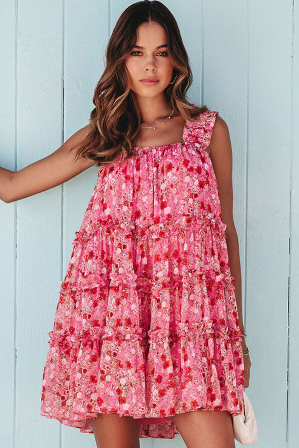 Fiery Red Tiered Ruffled Square Neck Sleeveless Floral Mini Dress