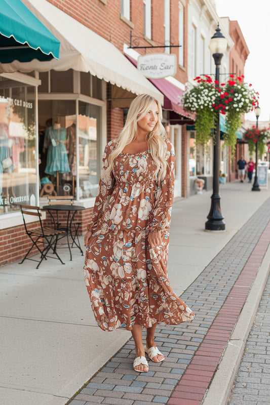 Brown Floral Print Shirred Square Neck High Waist Maxi Dress