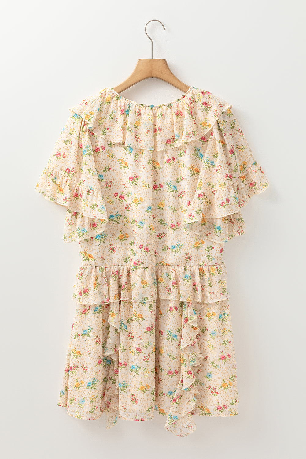 Apricot Boho Floral Tassel Tie V Neck Ruffle Wide Sleeve Mini Dress